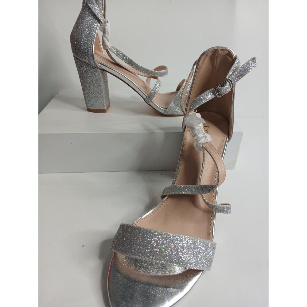 Perphy Silver Glitter Block Heel Sandals Women's Size 8 Ankle Strap Dress  NWOB - Picture 5 of 5